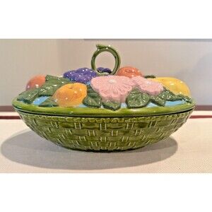 Ceramic Woven  Fruit Basket Lidded Casserole Vegetable Dish Handpainted